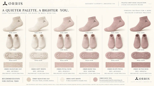 Orris grip socks in Signature Oat, Soft White and Rose Veil