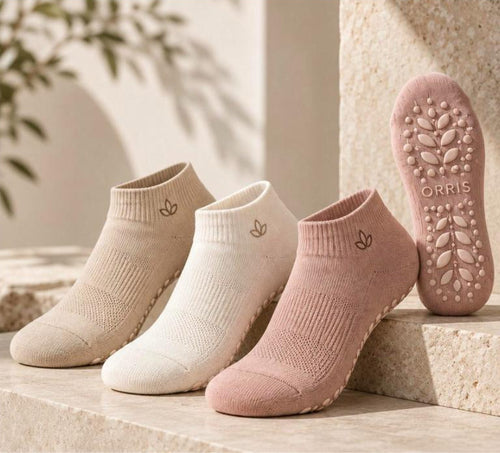 Orris grip socks in Signature Oat, Soft White and Rose Veil